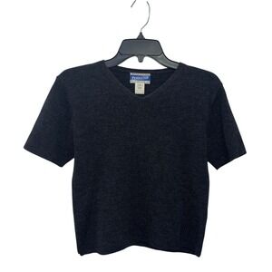 VTG Pendleton Petite S 100% Virgin Wool Short Sleeve V-Neck Knit Top Charcoal